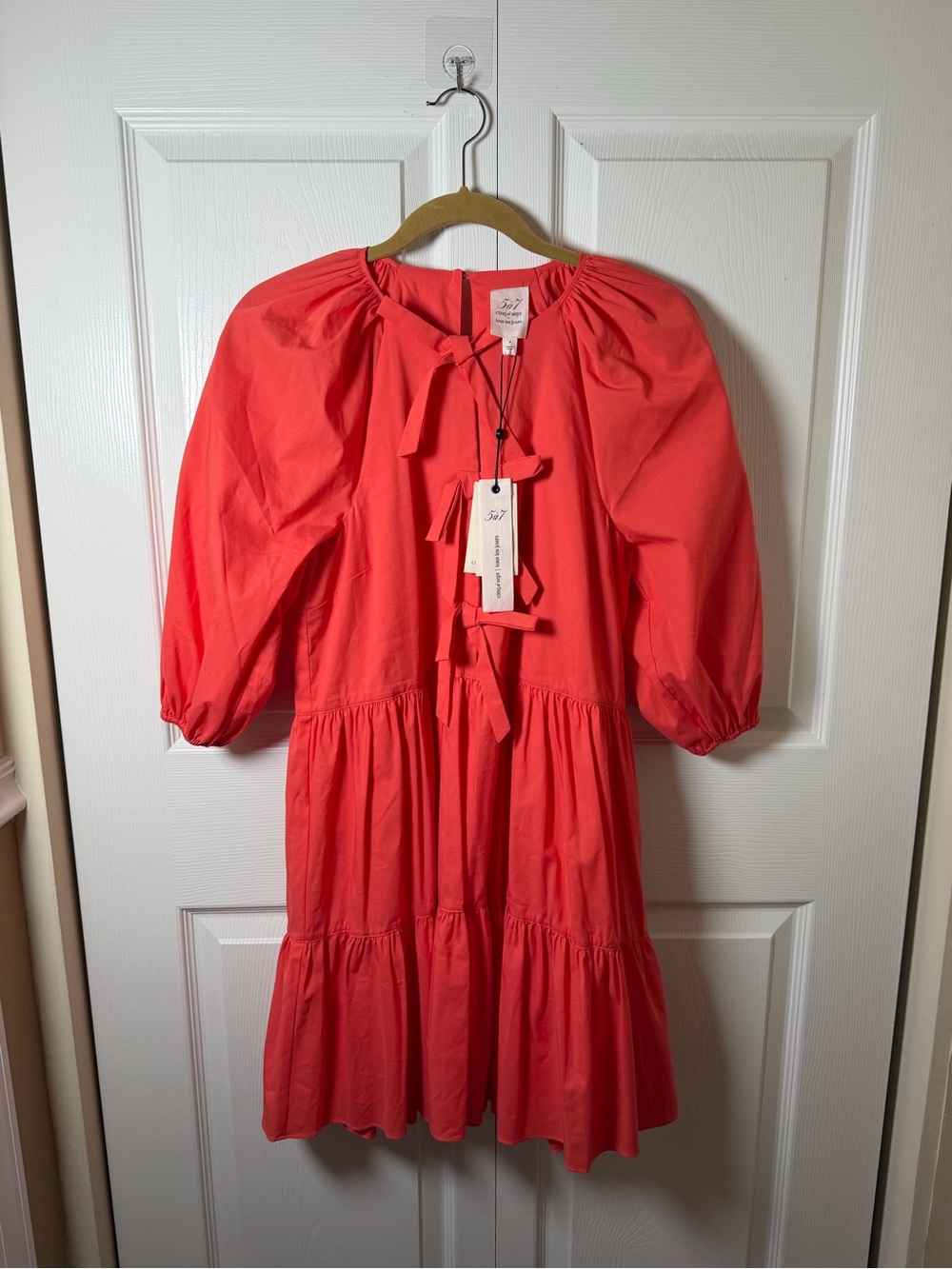 Cinq a Sept Lynn Tie Front Puff Sleeve Babydoll Mini Dress Neon Coral Size 4 NWT - Picture 3 of 6
